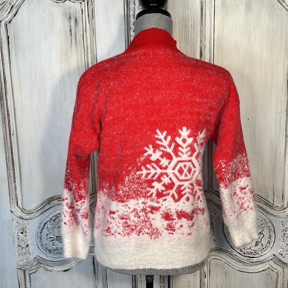 Red and White Snowflakes Eyelash Yarn High Crewneck Super Soft Pullover Sweater - Picture 9 of 11